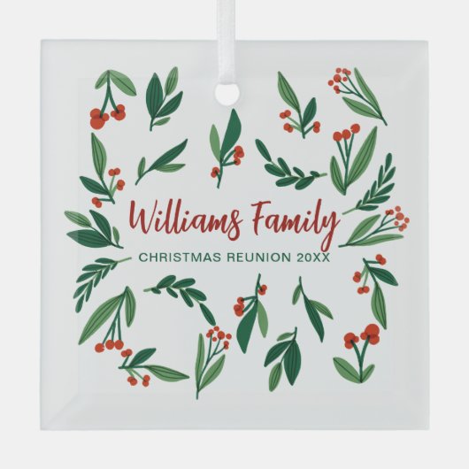 クリスマスファミリー懇親会レッドグリーンホリーベリー ガラスオーナメント (正面)