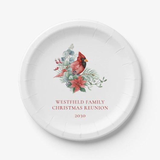 クリスマスファミリー懇親会レッド（鳥）ショウジョウコウカンチョウパーティー ペーパープレート (正面)