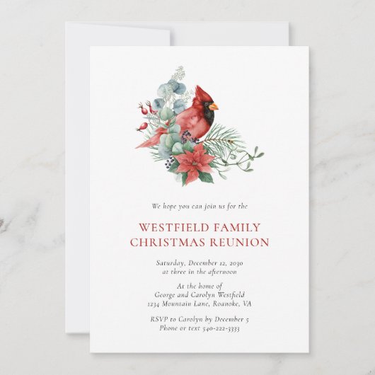 クリスマスファミリー懇親会レッド（鳥）ショウジョウコウカンチョウパーティー 招待状 (正面)