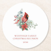 クリスマスファミリー懇親会レッド（鳥）ショウジョウコウカンチョウ ラウンドペーパーコースター (正面)