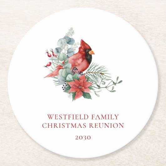 クリスマスファミリー懇親会レッド（鳥）ショウジョウコウカンチョウ ラウンドペーパーコースター (正面)