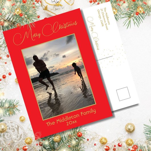 クリスマスファミリー金ゴールドレッドホリデー シーズンポストカード