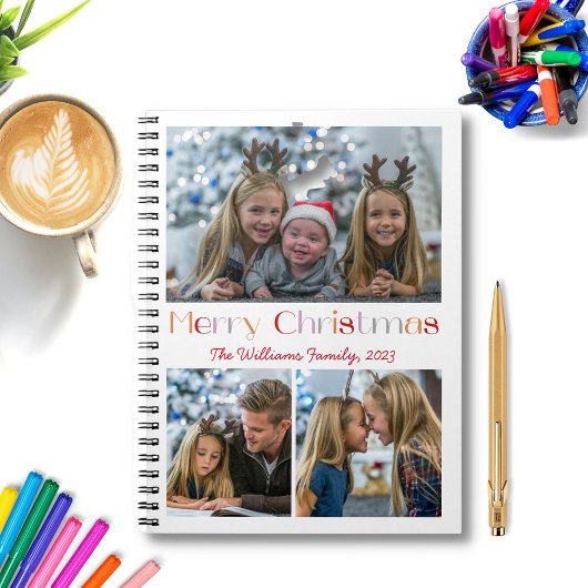 クリスマスファミリー3枚の写真コラージュのレトロスクリプト ノートブック