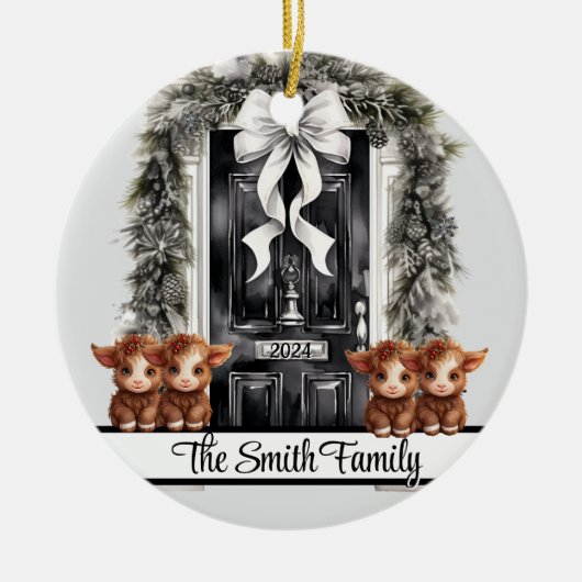 クリスマスファミリー4オーナメントハイランド牛 セラミックオーナメント (正面)