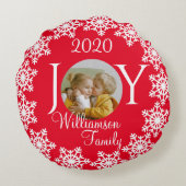 クリスマスファミリー「JOY」赤、白いスノーフレークV ラウンドクッション (裏面)
