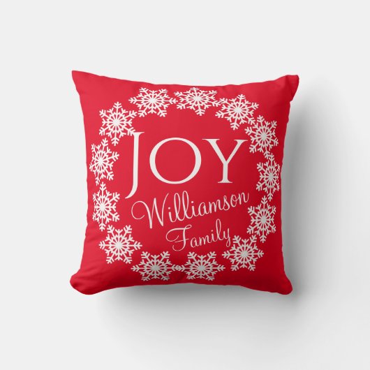 クリスマスファミリーJOY赤と白い雪片 クッション (正面)