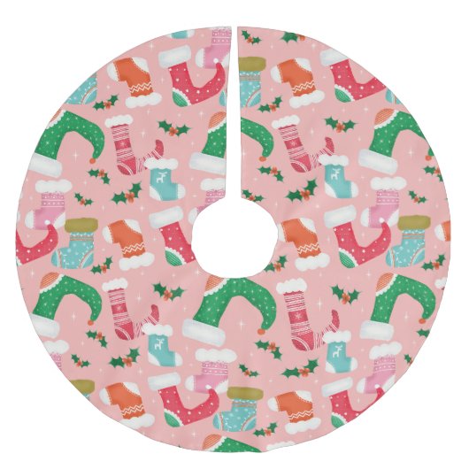 クリスマスファララピンク – ストッキング ブラッシュドポリエステルツリースカート (正面)