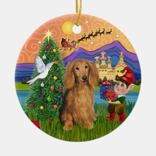クリスマスファンタジー- Long Fold Sable Dachshand セラミックオーナメント (正面)