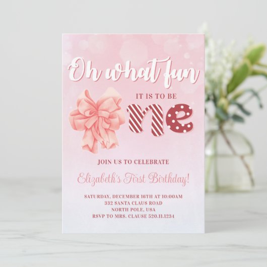 クリスマスファースト誕生日ピンクパーティの招待状 招待状 (スタンド正面)