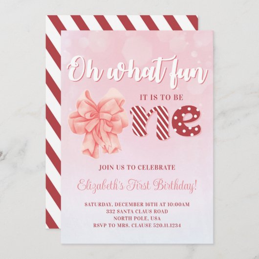 クリスマスファースト誕生日ピンクパーティの招待状 招待状 (正面/裏面)