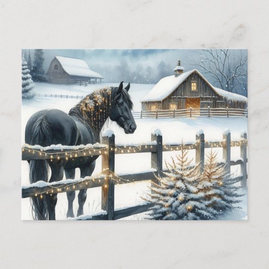 クリスマスファームで美しい黒馬 シーズンポストカード (正面)