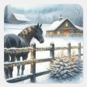 クリスマスファームで美しい黒馬 スクエアシール (正面)