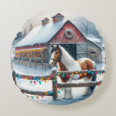 クリスマスファームの美しいパーソナライズされた馬 ラウンドクッション (正面)