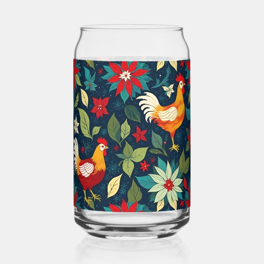 クリスマスファームの鶏とポインセチア ガラス缶 (正面)