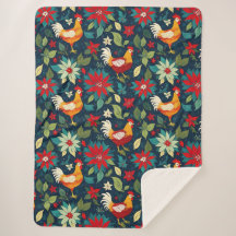 クリスマスファームの鶏とポインセチア