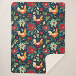 クリスマスファームの鶏とポインセチア シェルパブランケット