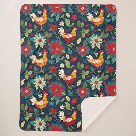 クリスマスファームの鶏とポインセチア シェルパブランケット (正面)