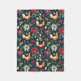 クリスマスファームの鶏とポインセチア フリースブランケット