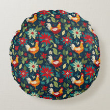 クリスマスファームの鶏とポインセチア