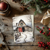 クリスマスファームハウスと馬の厩舎フラットカード シーズンカード