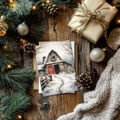 クリスマスファームハウスと馬の厩舎フラットカード シーズンカード