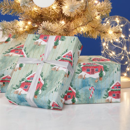 クリスマスファーム居心地の良い紙ファームハウスと木 ラッピングペーパー (クリスマス)