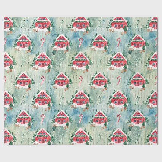 クリスマスファーム居心地の良い紙ファームハウスと木 ラッピングペーパー (フラット)