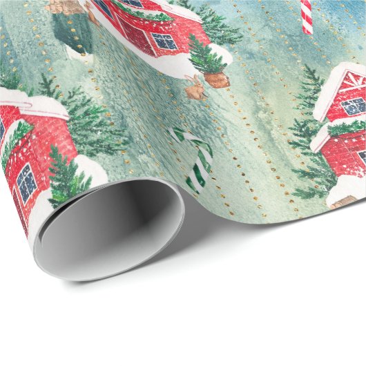 クリスマスファーム居心地の良い紙ファームハウスと木 ラッピングペーパー (ロールコーナー)