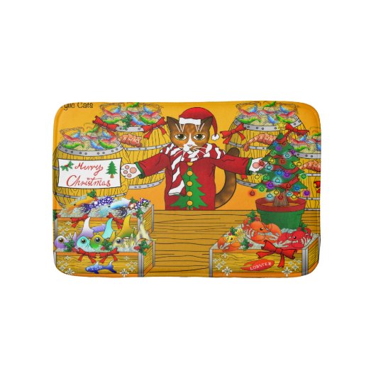 クリスマスフィッシュの屋台の猫 バスマット (正面)