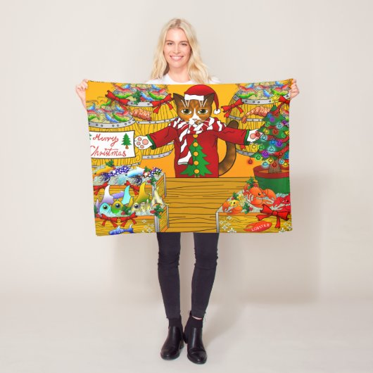 クリスマスフィッシュの屋台の猫 フリースブランケット (インサイチュ)