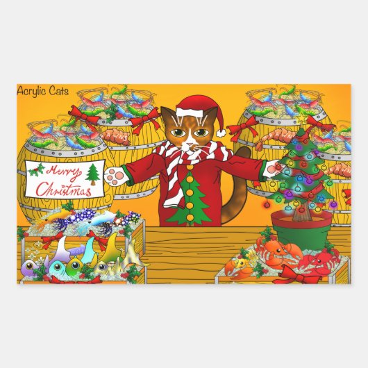 クリスマスフィッシュの屋台の猫 長方形シール (正面)
