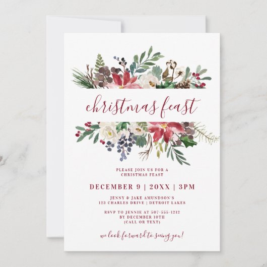 クリスマスフィースト水色ブルゴーニュ&ネイビーフローラ 招待状 (正面)