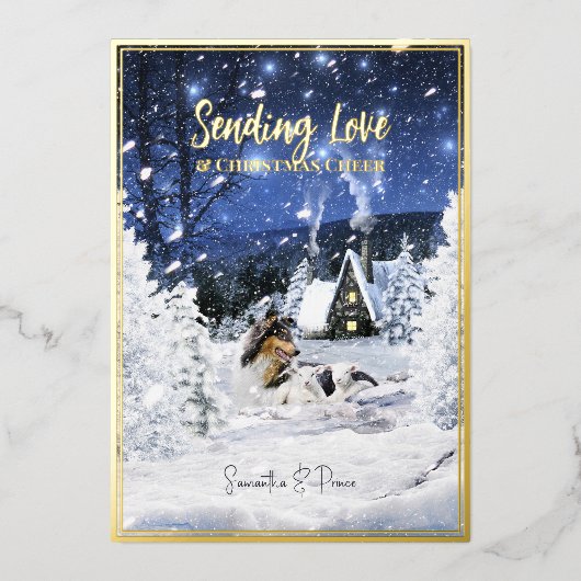 クリスマスフェアリーのお話、トリコラーコリードッグ&ラム – 箔シーズンカード (正面)