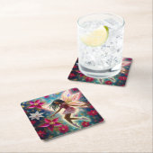 クリスマスフェアリーのコレクション – コーンローズ三つ編み髪 スクエアペーパーコースター (インサイチュ)