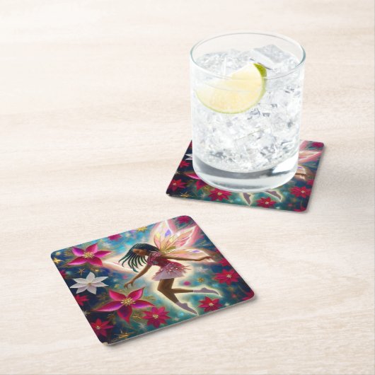 クリスマスフェアリーのコレクション – コーンローズ三つ編み髪 スクエアペーパーコースター (インサイチュ)