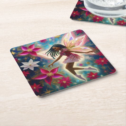 クリスマスフェアリーのコレクション – コーンローズ三つ編み髪 スクエアペーパーコースター (アングル)