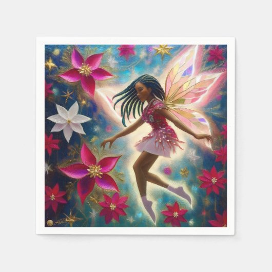 クリスマスフェアリーのコレクション – コーンローズ三つ編み髪 スタンダードカクテルナプキン (正面)