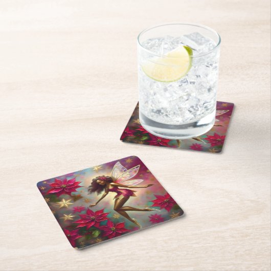 クリスマスフェアリーのコレクション – ブラウンナチュラルヘア スクエアペーパーコースター (インサイチュ)