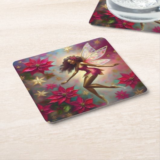 クリスマスフェアリーのコレクション – ブラウンナチュラルヘア スクエアペーパーコースター (アングル)