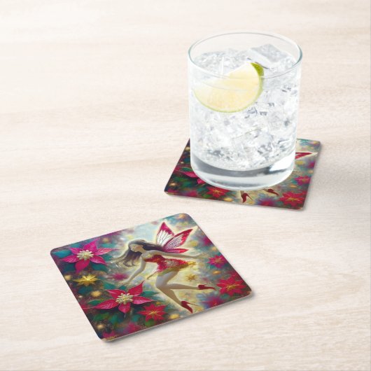 クリスマスフェアリーのコレクション – 濃い茶色の髪 スクエアペーパーコースター (インサイチュ)