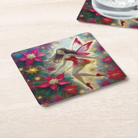 クリスマスフェアリーのコレクション – 濃い茶色の髪 スクエアペーパーコースター (アングル)