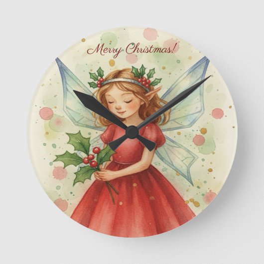 クリスマスフェアリーの水彩画アート ホリデーグッズ ラウンド壁時計 (正面)