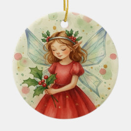 クリスマスフェアリーの水彩画 セラミックオーナメント
