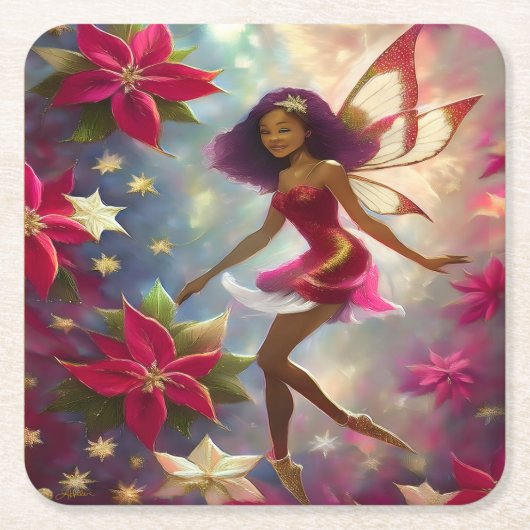 クリスマスフェアリーコレクションプラムティントナチュラルヘア スクエアペーパーコースター (正面)