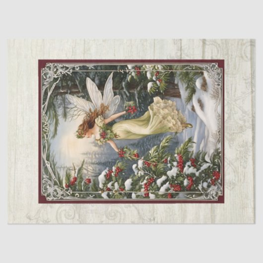 クリスマスフェアリー松の森ホリー雪の木素朴材 薄葉紙 (正面)