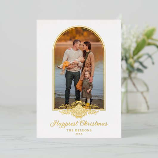 クリスマスフェイクファンシーレースゴールデンアーチ効果写真 箔招待状 (立ち正面)