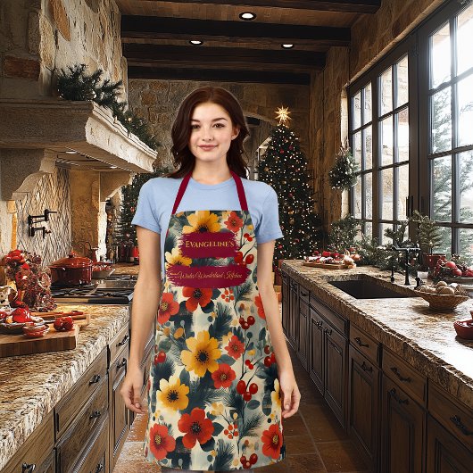 クリスマスフェスティバルの花と松の枝 エプロン
