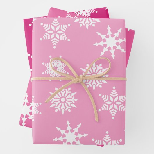 クリスマスフェスティバルガーリーピンクの雪の結晶 ラッピングペーパーシート (インサイチュ)
