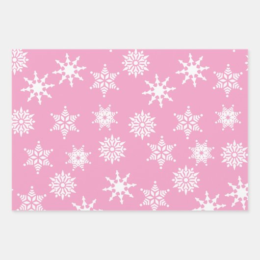 クリスマスフェスティバルガーリーピンクの雪の結晶 ラッピングペーパーシート (正面)