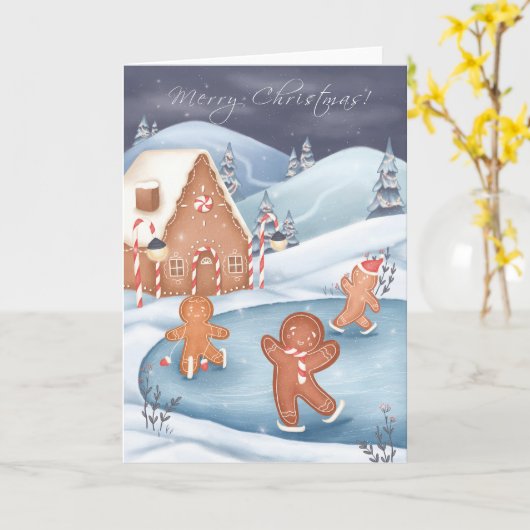 クリスマスフェスティバルジンジャーブレッドマンスケートで滑るカード カード (黄色い花)